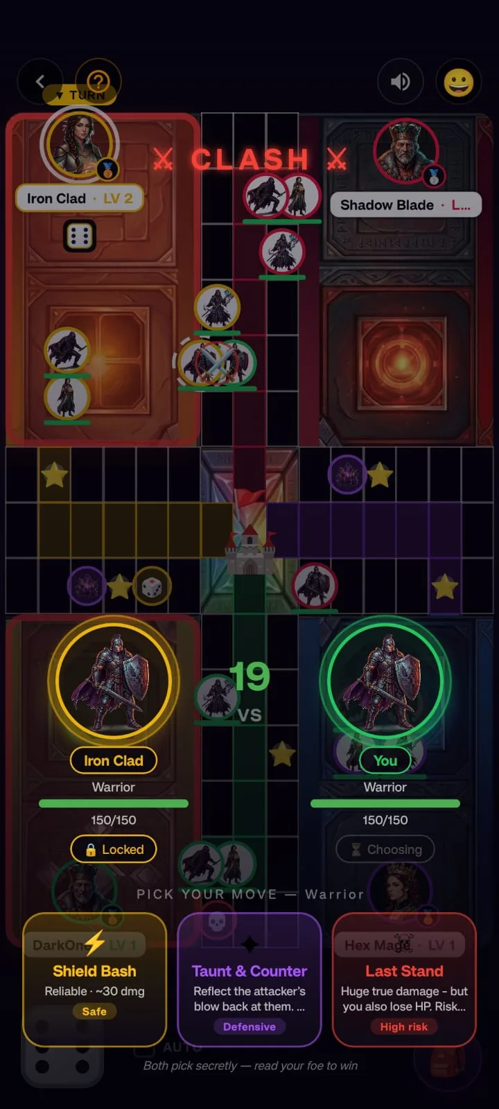 An Arcane Clash battle, with three move cards to choose from: Shield Bash, Taunt and Counter, and Last Stand.