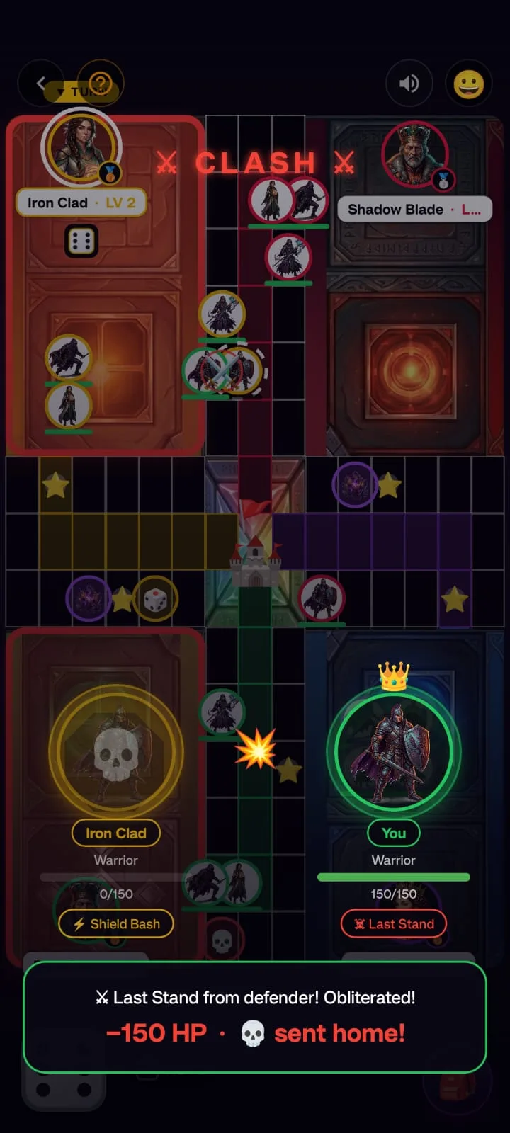 The result of an Arcane Clash exchange, showing a Last Stand counter landing for 150 damage.