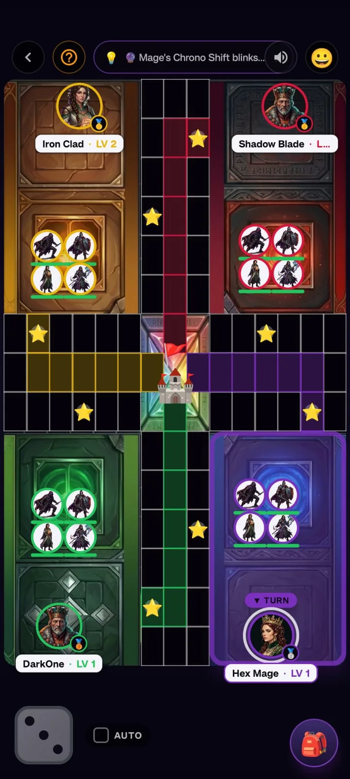 The full Arcane Clash board with four players and their hero rosters positioned around the grid.