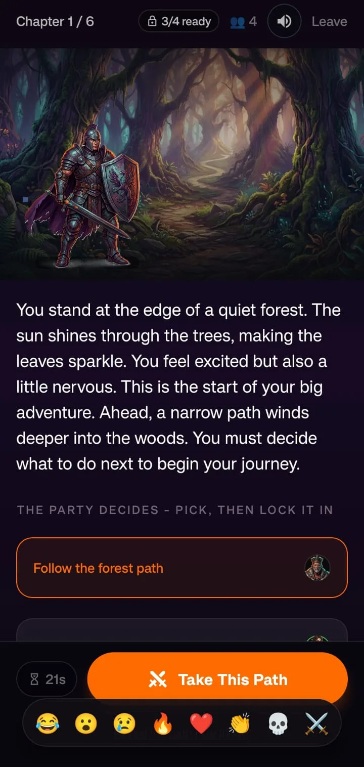 An AI-written story scene set at the edge of a forest, with the party voting on which path to take.