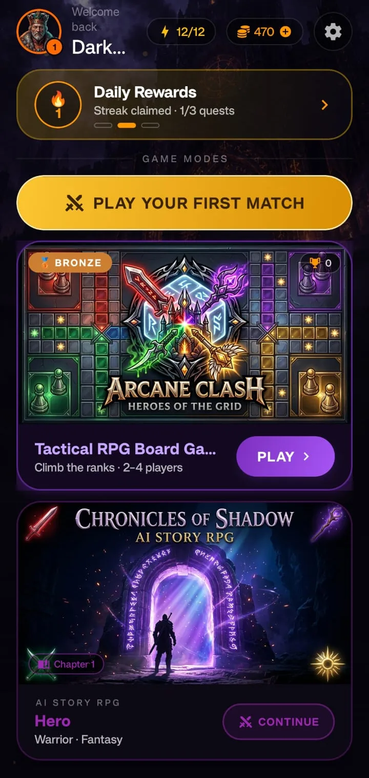 The application home screen, showing daily rewards and both game modes: Arcane Clash and the Chronicles of Shadow AI story RPG.