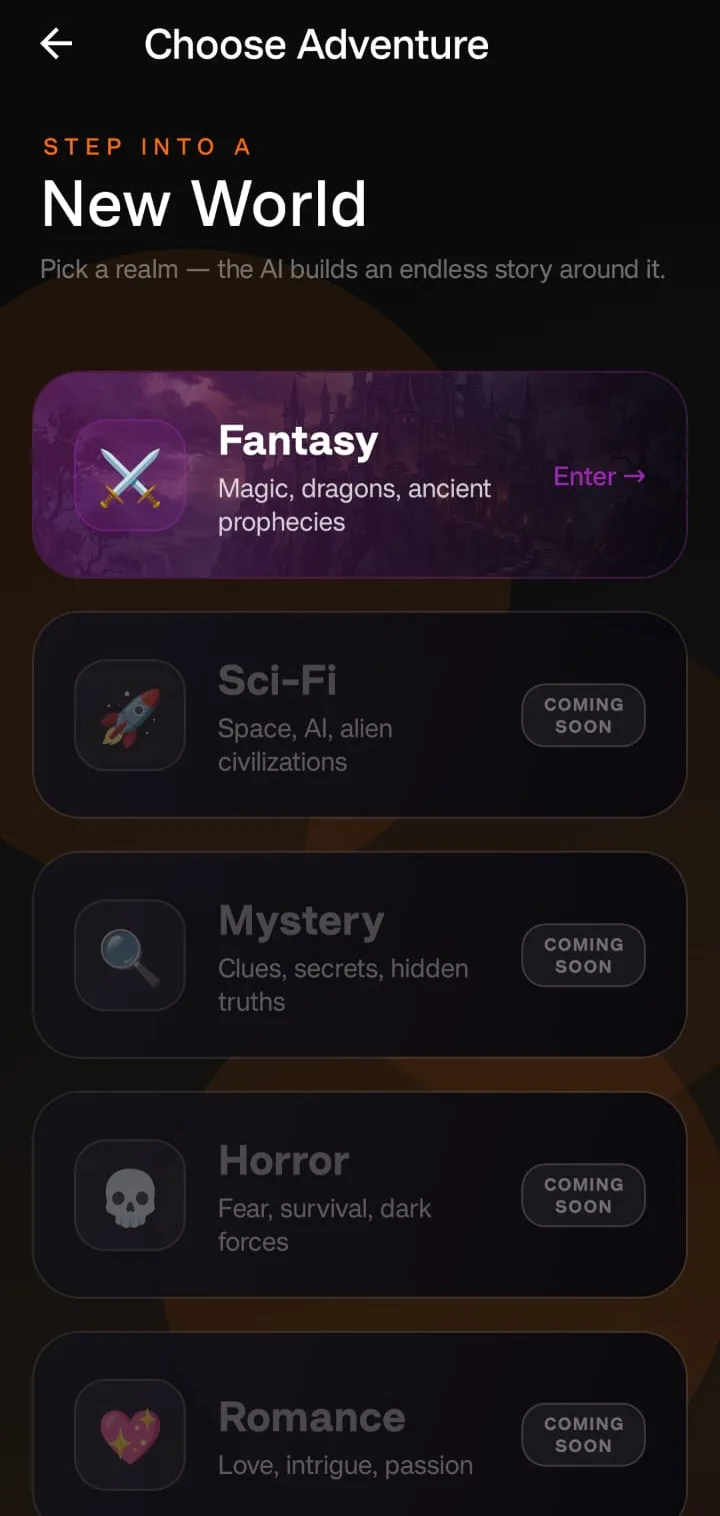The genre picker, with Fantasy available and further worlds unlocking as your hero levels up.