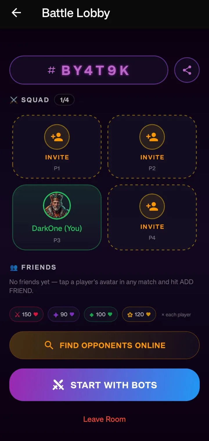 A battle lobby with a shareable room code, squad slots, and options to find opponents online or start with bots.